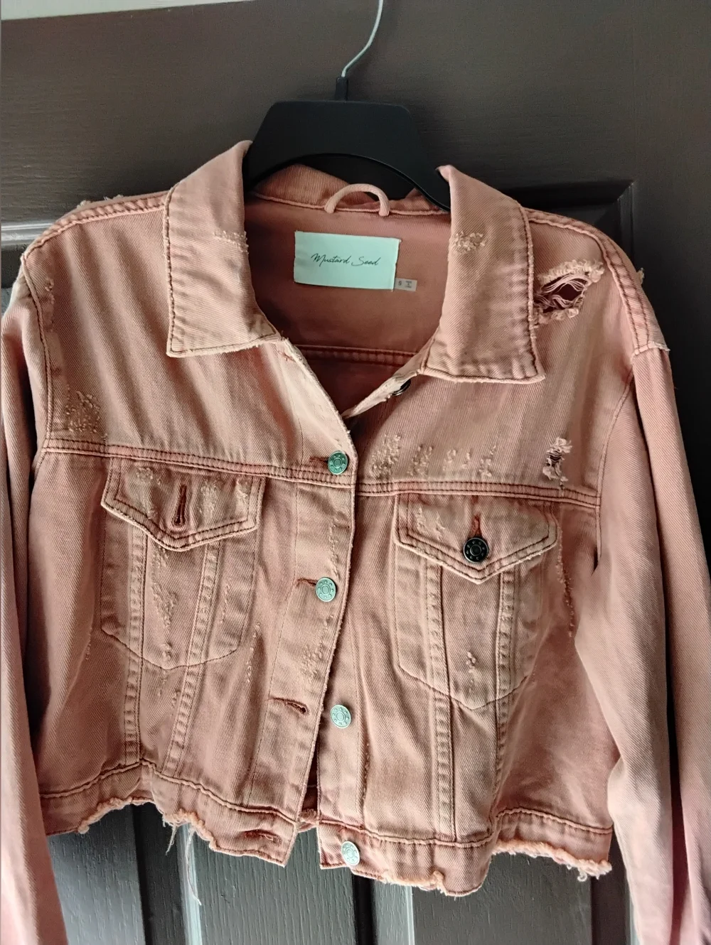 Mustard Seed Women's Distressed Denim Jacket - Peach Small - Picture 2 of 5
